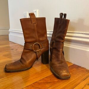 Brown Real Leather Heeled Square Toe Boots with Harness Ring and Straps